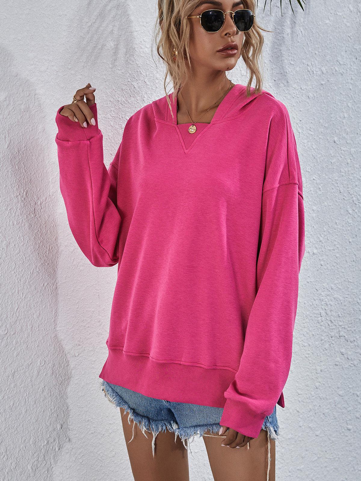Dame Hoodie med Droppet Skulder og Splitt 4