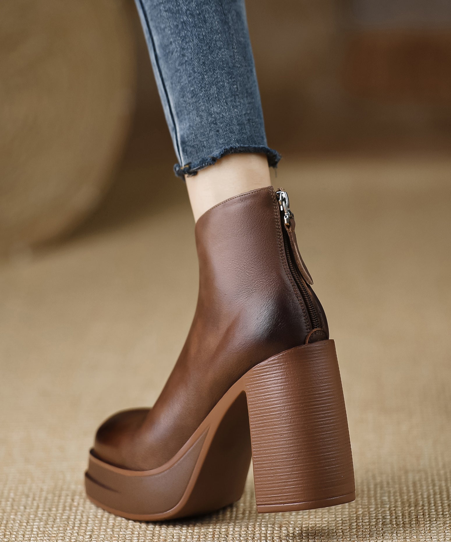 Dame Høye Støvletter Chunky Hæl med Glidelås 4