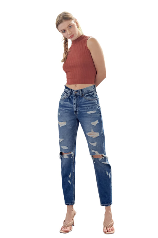 Dame Høyt Liv Mom Fit Denim Jeans 0