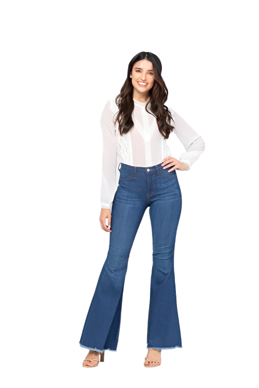 Dame Høyt Liv Super Flare Jeans Medium Blå 0