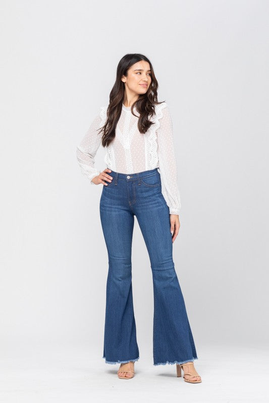 Dame Høyt Liv Super Flare Jeans Medium Blå 1