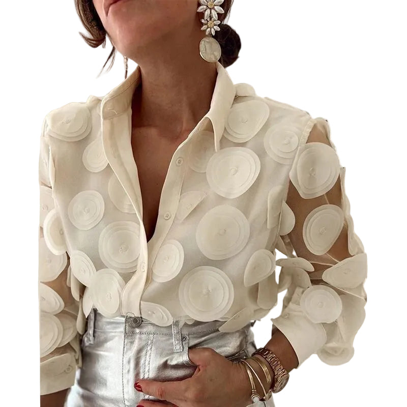 Dame Hvit Bluse med Spisskrage og Gjennomsiktig Design 0