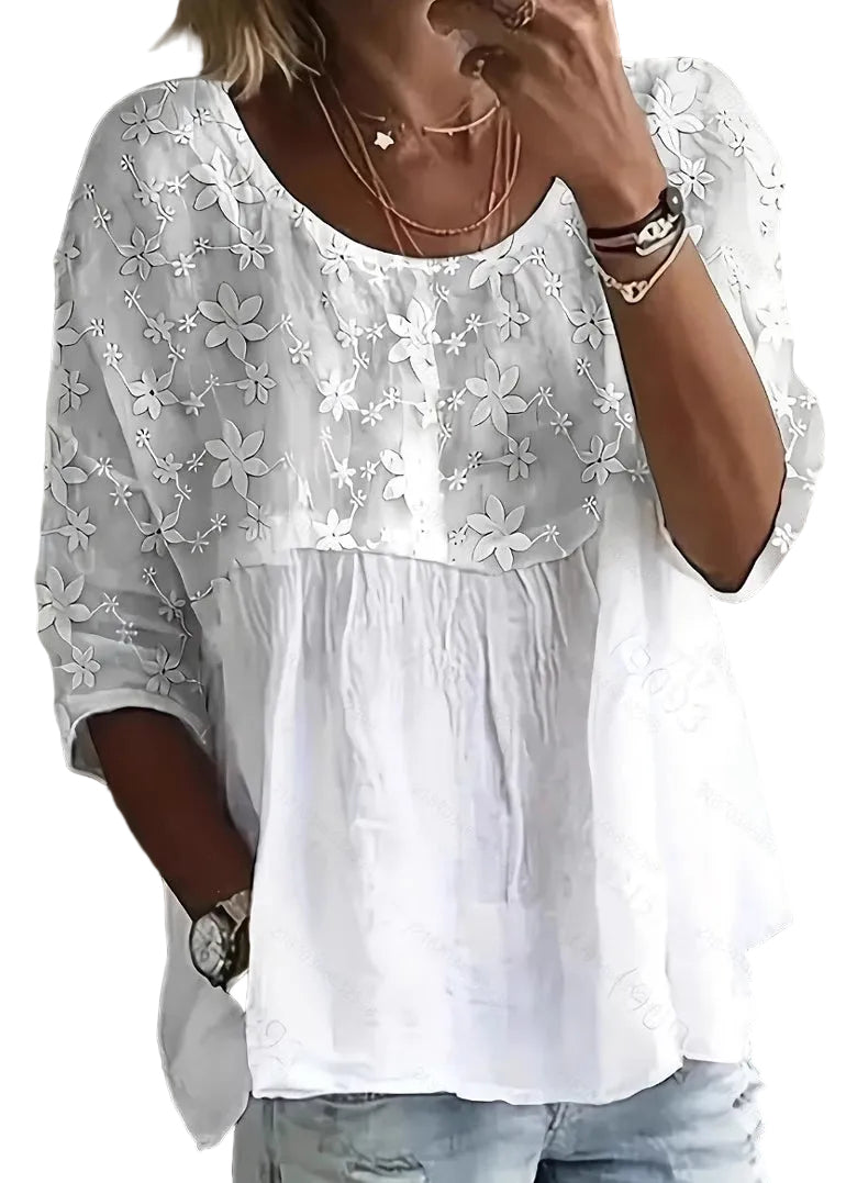 Dame Hvit Topp med Blomsterdesign Uformell Stil 0