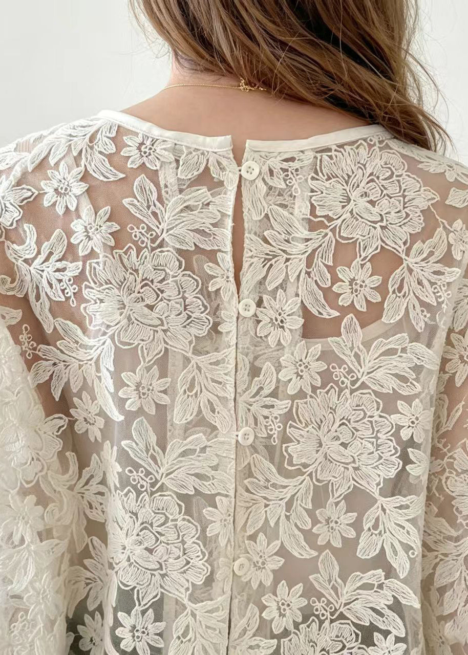 Dame Hvit Topp med O-hals og Blonde Detaljer 4