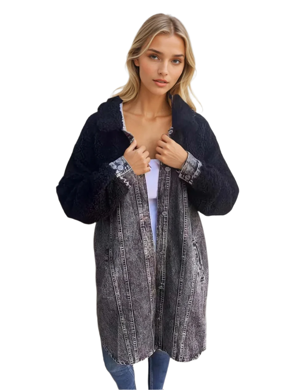 Dame Jakker Vinter Denim Overcoat med Ulldetaljer 0