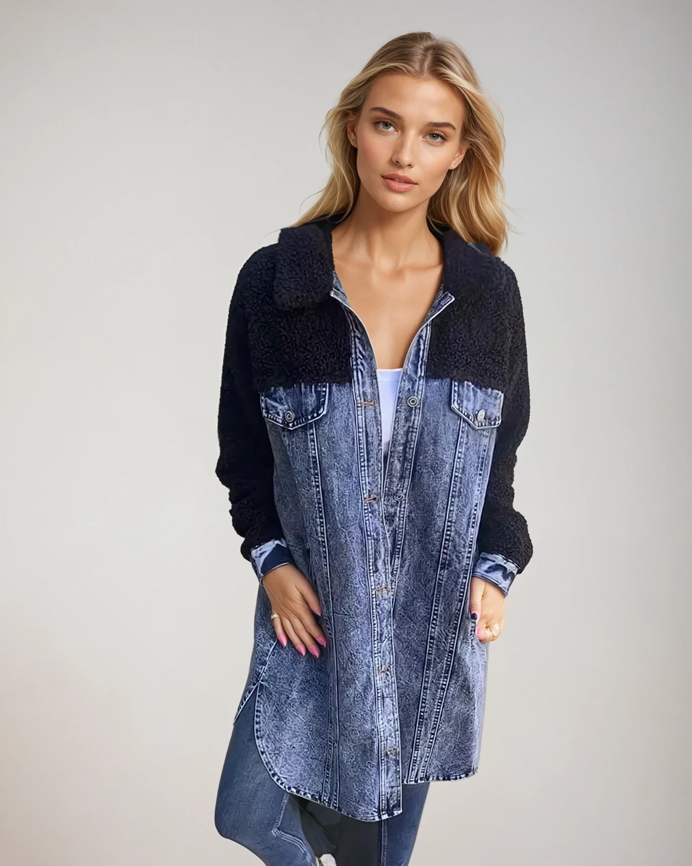 Dame Jakker Vinter Denim Overcoat med Ulldetaljer 1