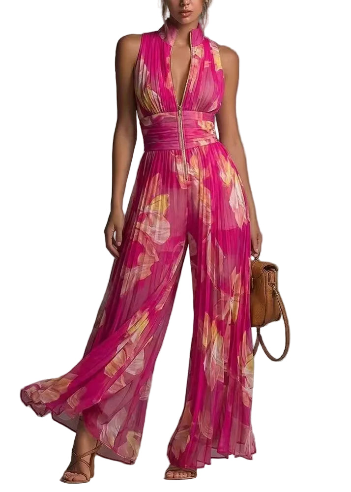 Dame Jumpsuit Ermeløs med Stativ Krage og Rynket Print 0