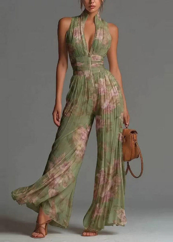 Dame Jumpsuit Ermeløs med Stativ Krage og Rynket Print 1