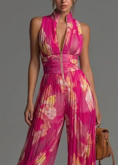 Dame Jumpsuit Ermeløs med Stativ Krage og Rynket Print 4