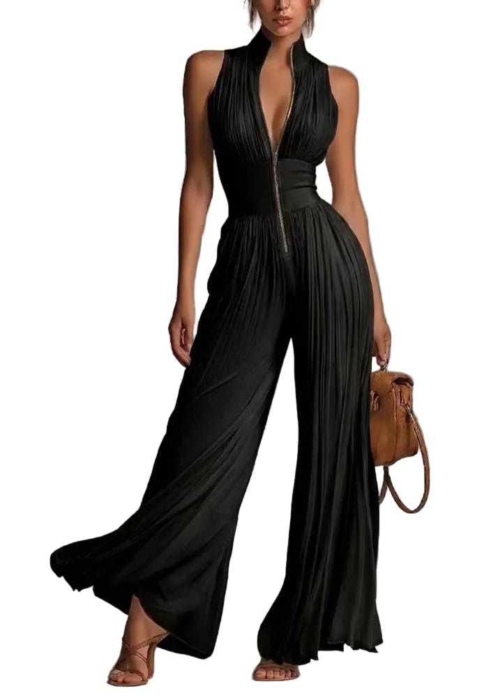 Dame Jumpsuit Med Rynket Design og Glidelås 0