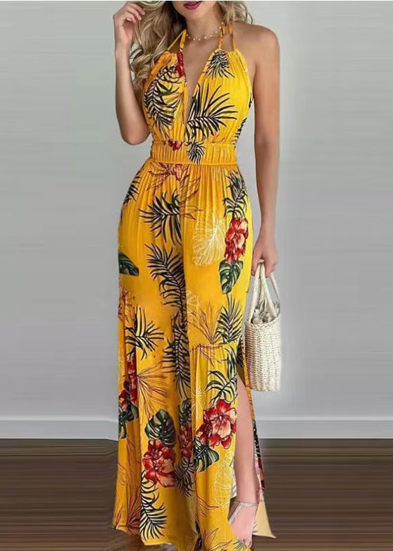 Dame Jumpsuit Ryggløs Halter med Elastisk Midje og Trykk 1