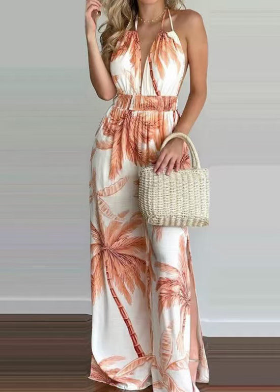 Dame Jumpsuit Ryggløs Halter med Elastisk Midje og Trykk 2