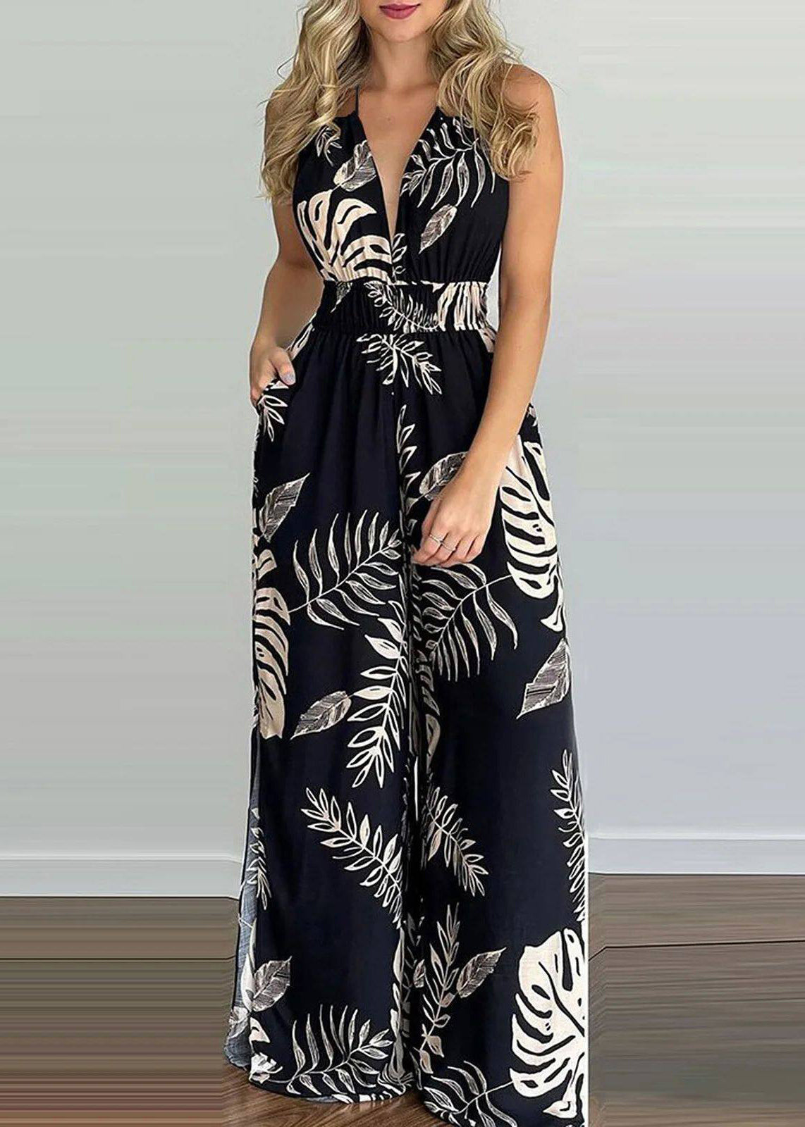 Dame Jumpsuit Ryggløs Halter med Elastisk Midje og Trykk 3