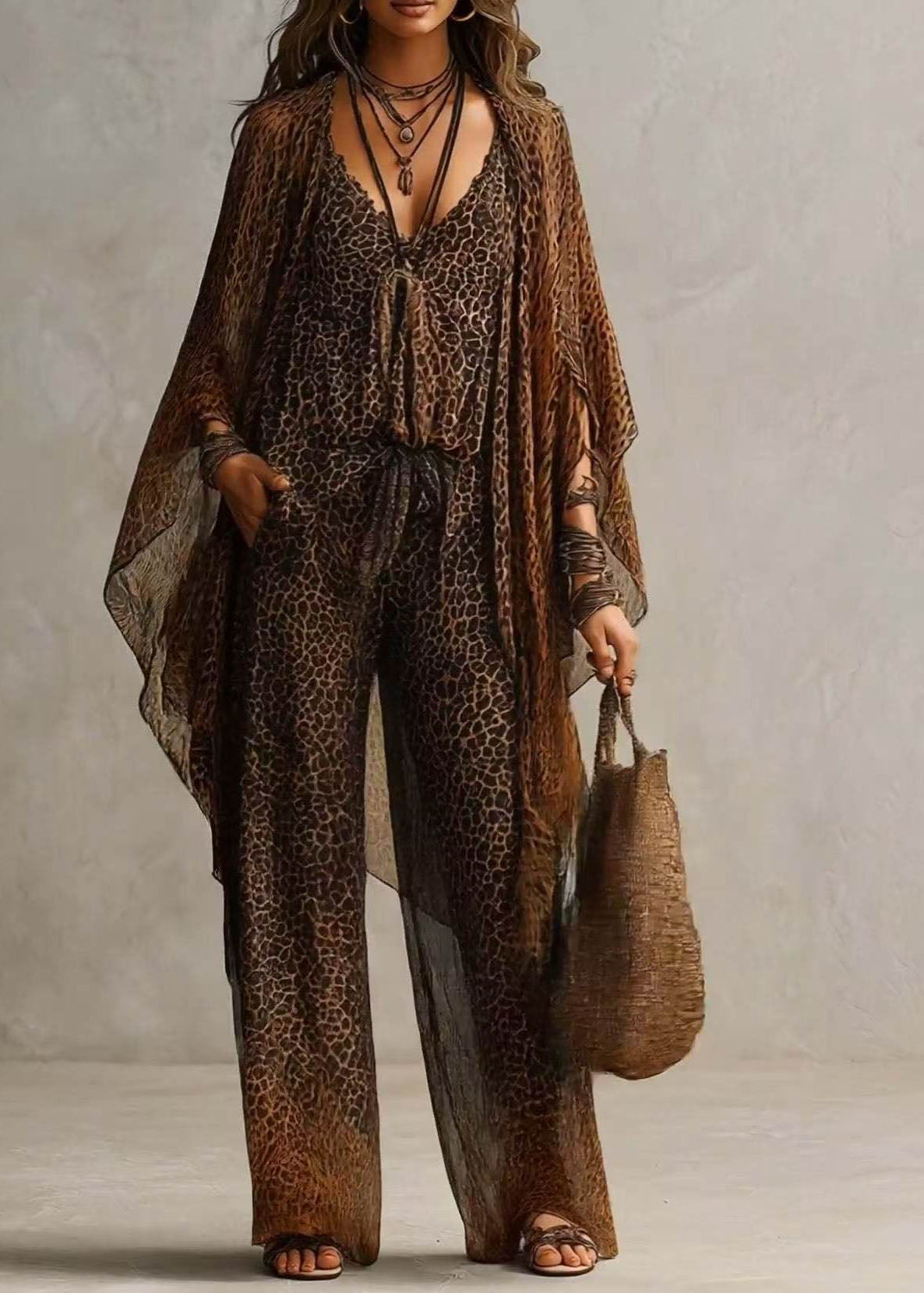 Dame Jumpsuit To-delt Sett med Lange Ermer og Leopardmønster 1