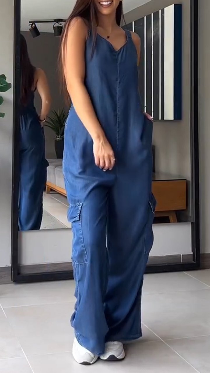 Dame Jumpsuit med V-hals i Denim 3