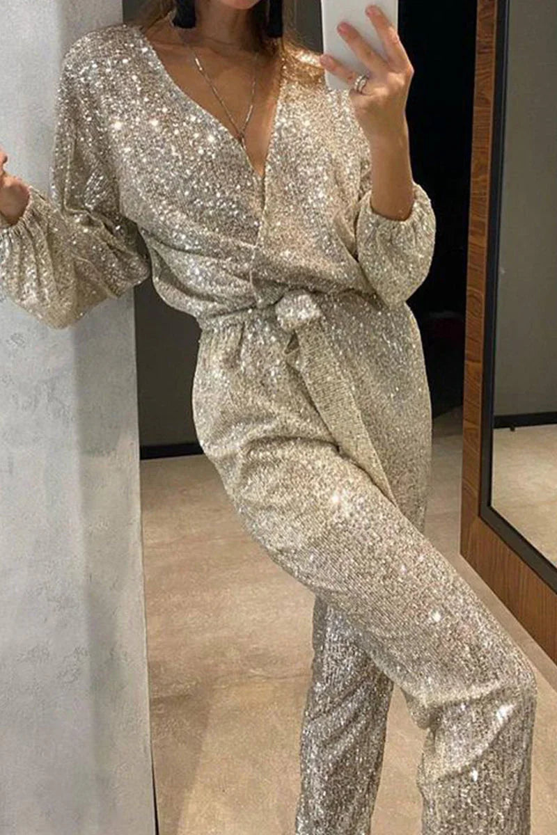 Dame Jumpsuit med V-hals og Paljetter 0