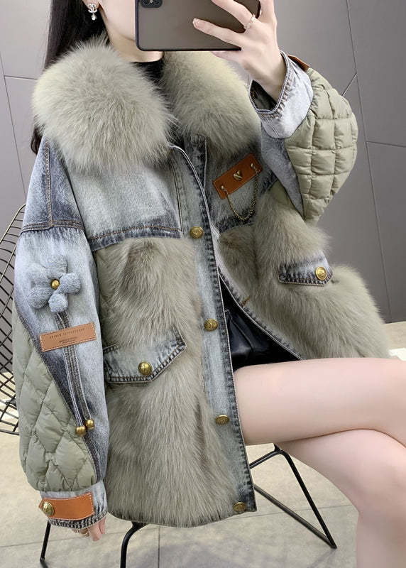 Dame Kåpe med Fox Krage og Denim Patchwork 2