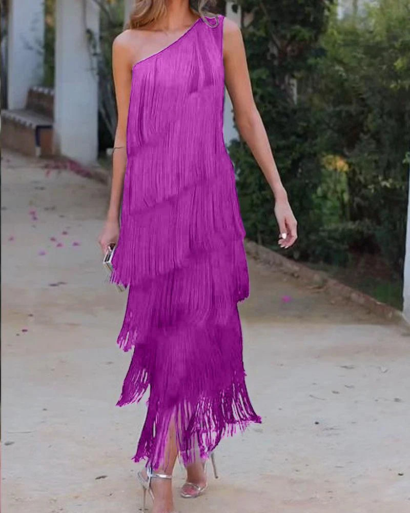 Dame Kjole med Frynser og Åpne Skuldre Trendy Stil 3