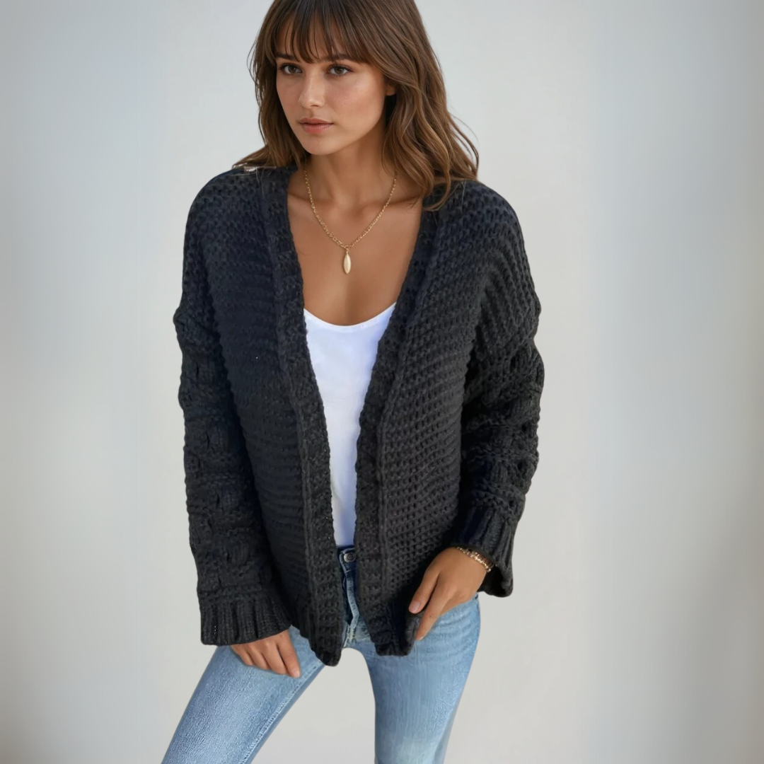 Dame Lang Cardigan Chunky Strikket Avslappet Passform 1