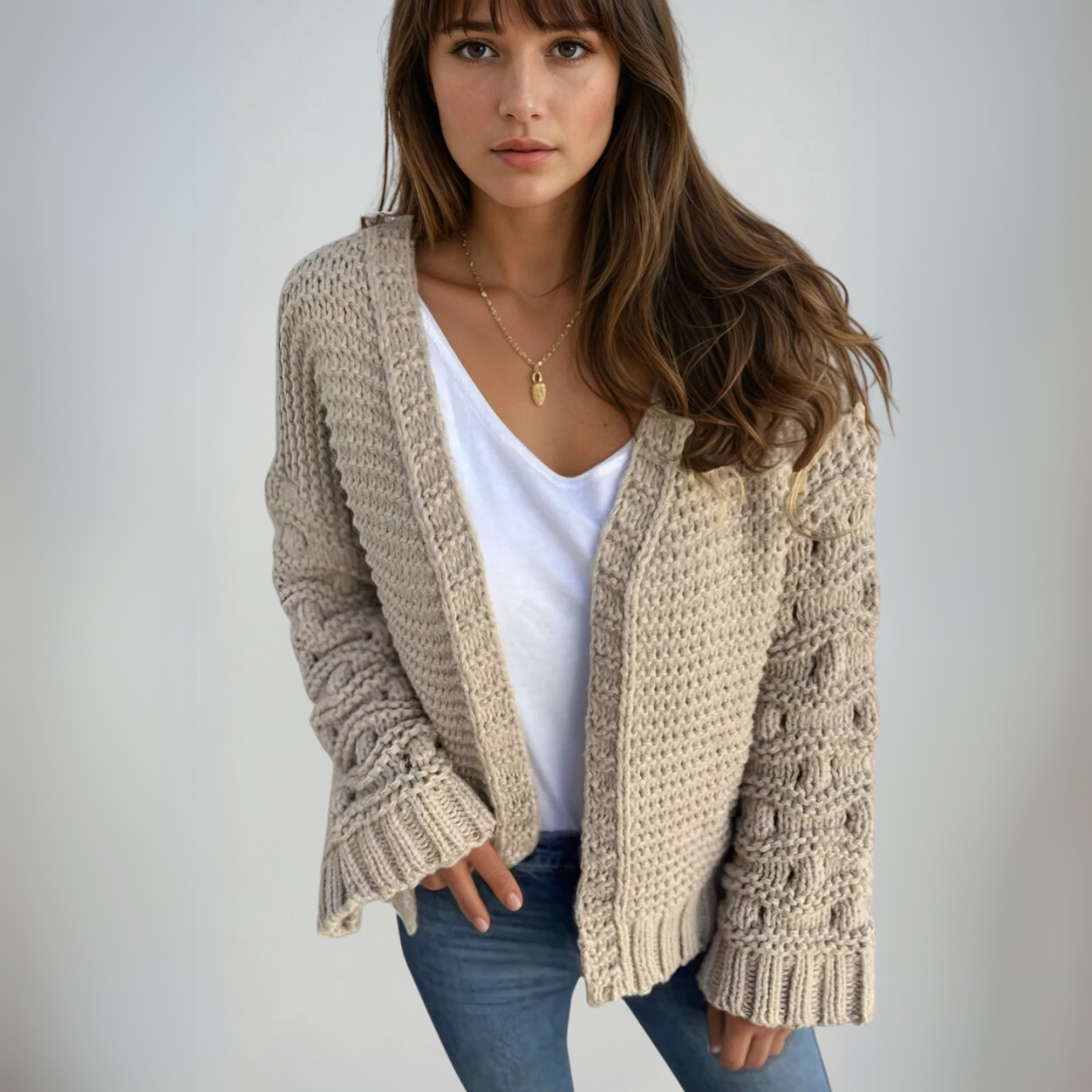 Dame Lang Cardigan Chunky Strikket Avslappet Passform 3
