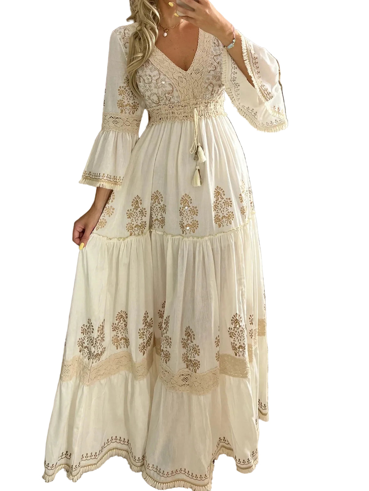 Dame Lang Kjole Boho Blomstertrykk V-hals 0