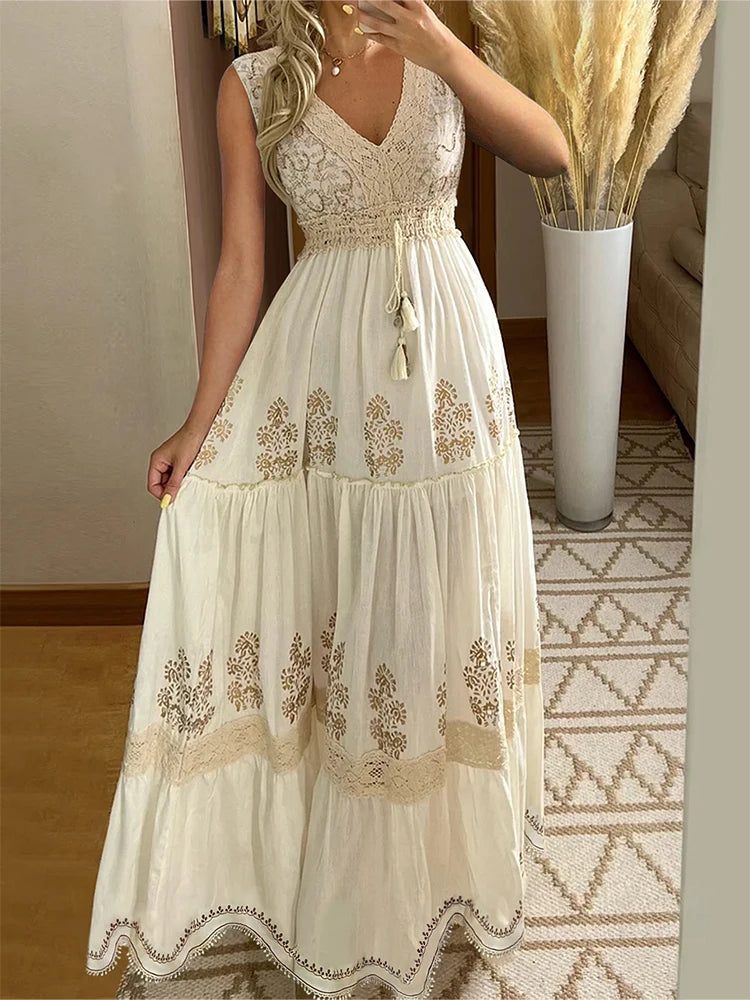 Dame Lang Kjole Boho Blomstertrykk V-hals 2