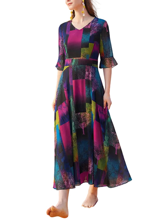 Dame Lang Kjole V-hals Patchwork Stil 0