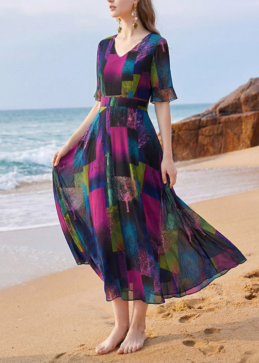 Dame Lang Kjole V-hals Patchwork Stil 1