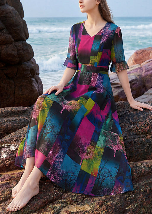 Dame Lang Kjole V-hals Patchwork Stil 2