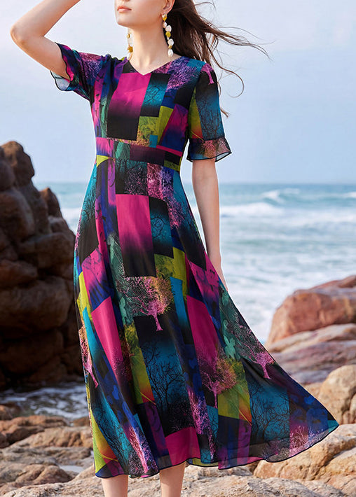 Dame Lang Kjole V-hals Patchwork Stil 3