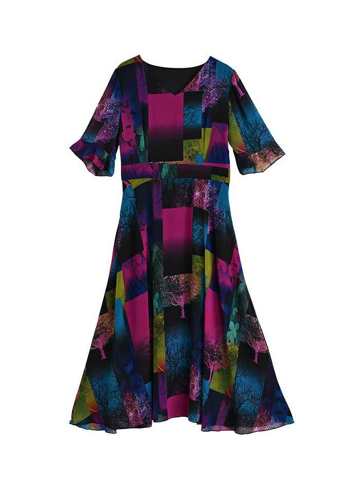 Dame Lang Kjole V-hals Patchwork Stil 4
