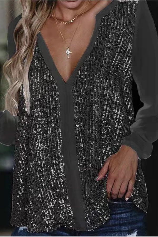 Dame Langermet Bluse med Paljetter og V-hals 3