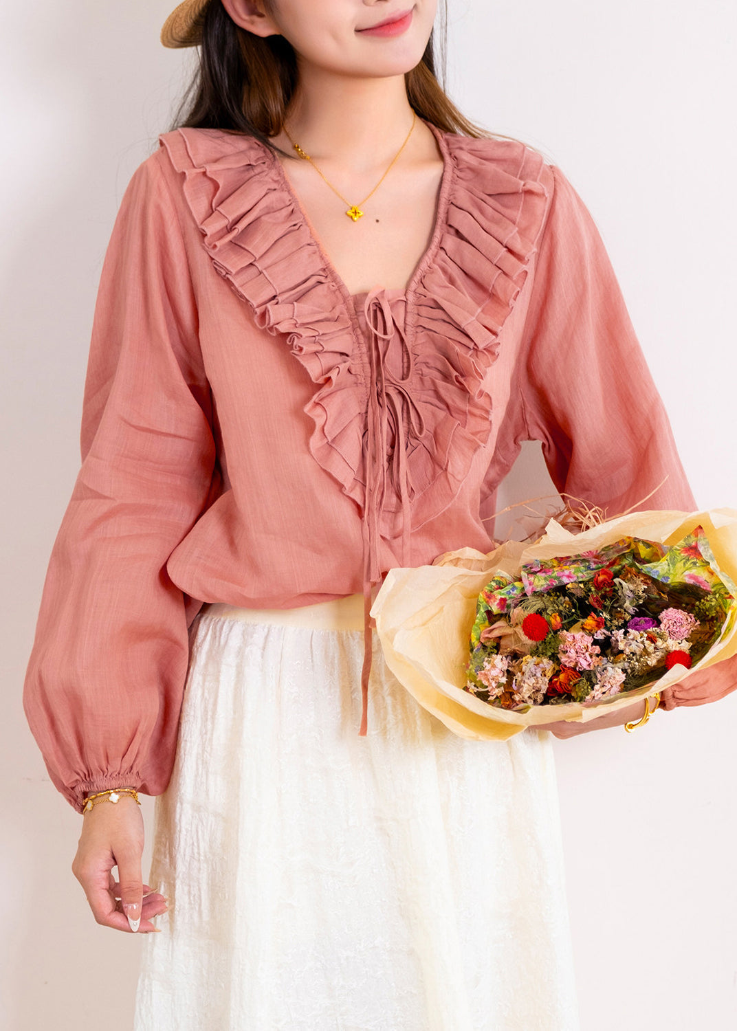 Dame Langermet Bluse med Rysjer og Patchwork Design 0