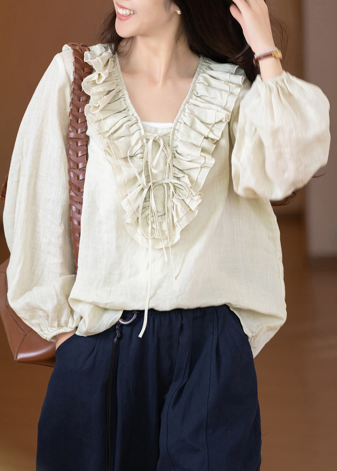 Dame Langermet Bluse med Rysjer og Patchwork Design 2