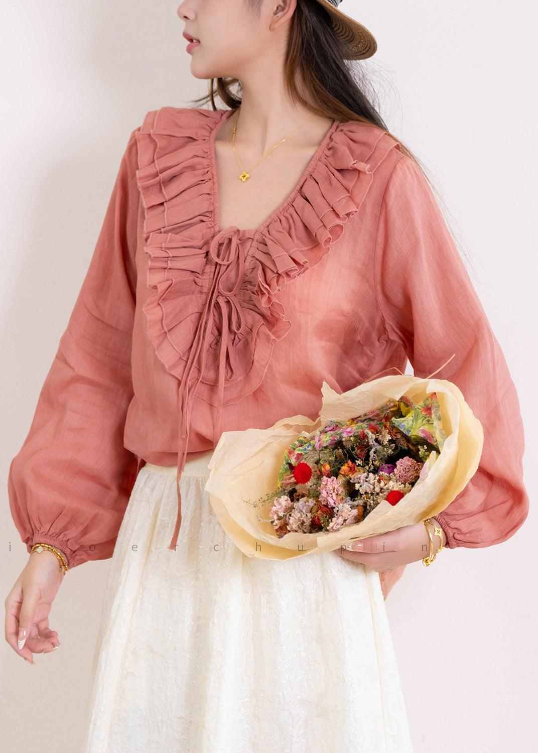 Dame Langermet Bluse med Rysjer og Patchwork Design 3