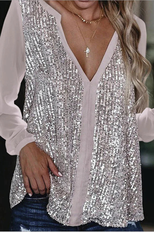 Dame Langermet Bluse med V-hals og Glitter 4
