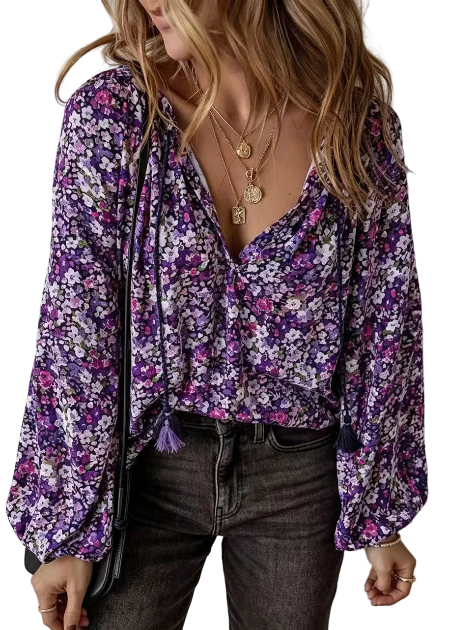 Dame Langermet Bluse med V-hals og Print 0