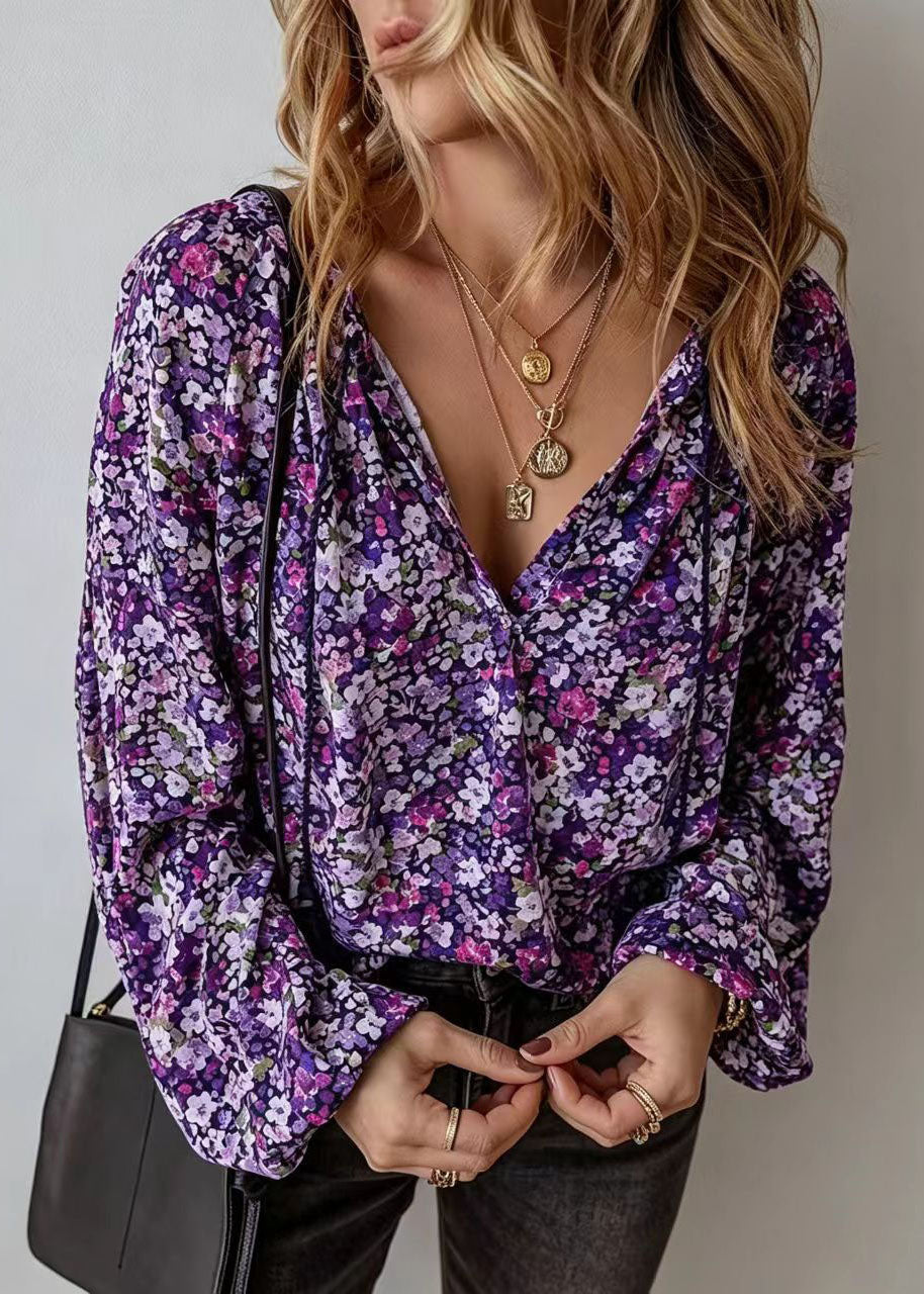 Dame Langermet Bluse med V-hals og Print 1