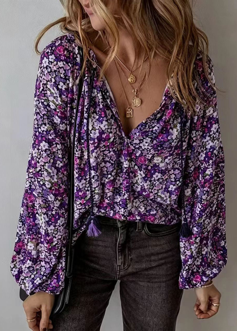 Dame Langermet Bluse med V-hals og Print 2