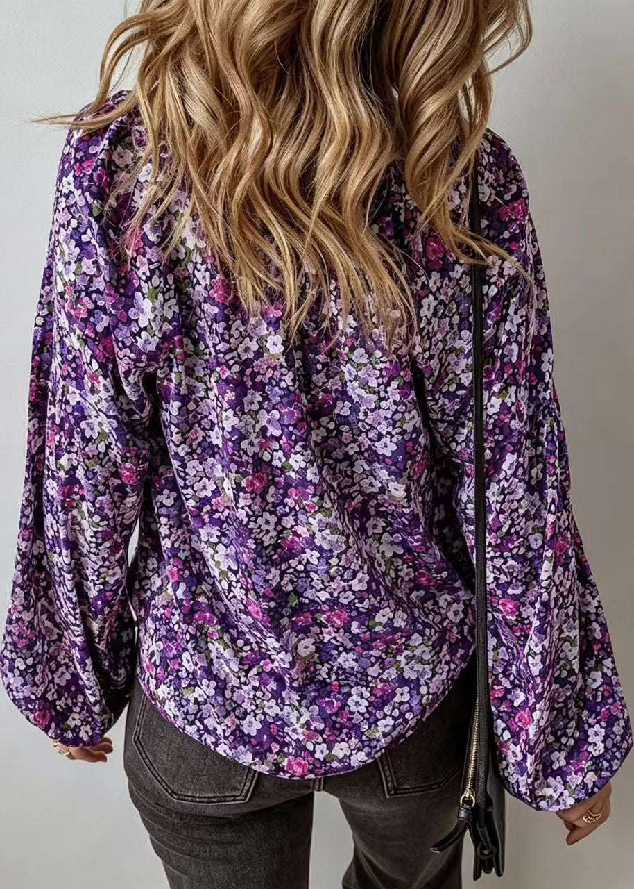 Dame Langermet Bluse med V-hals og Print 3