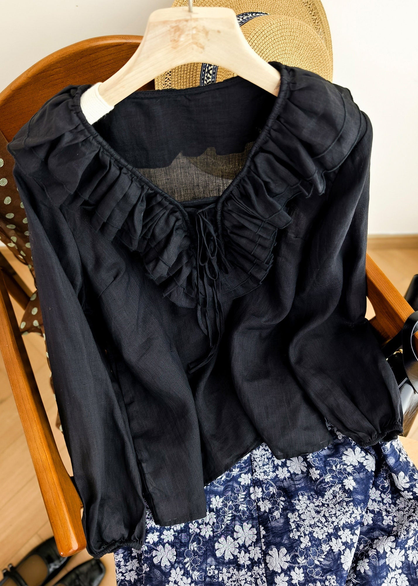 Dame Linskjorte V-hals Patchwork med Volanger Uformell 0
