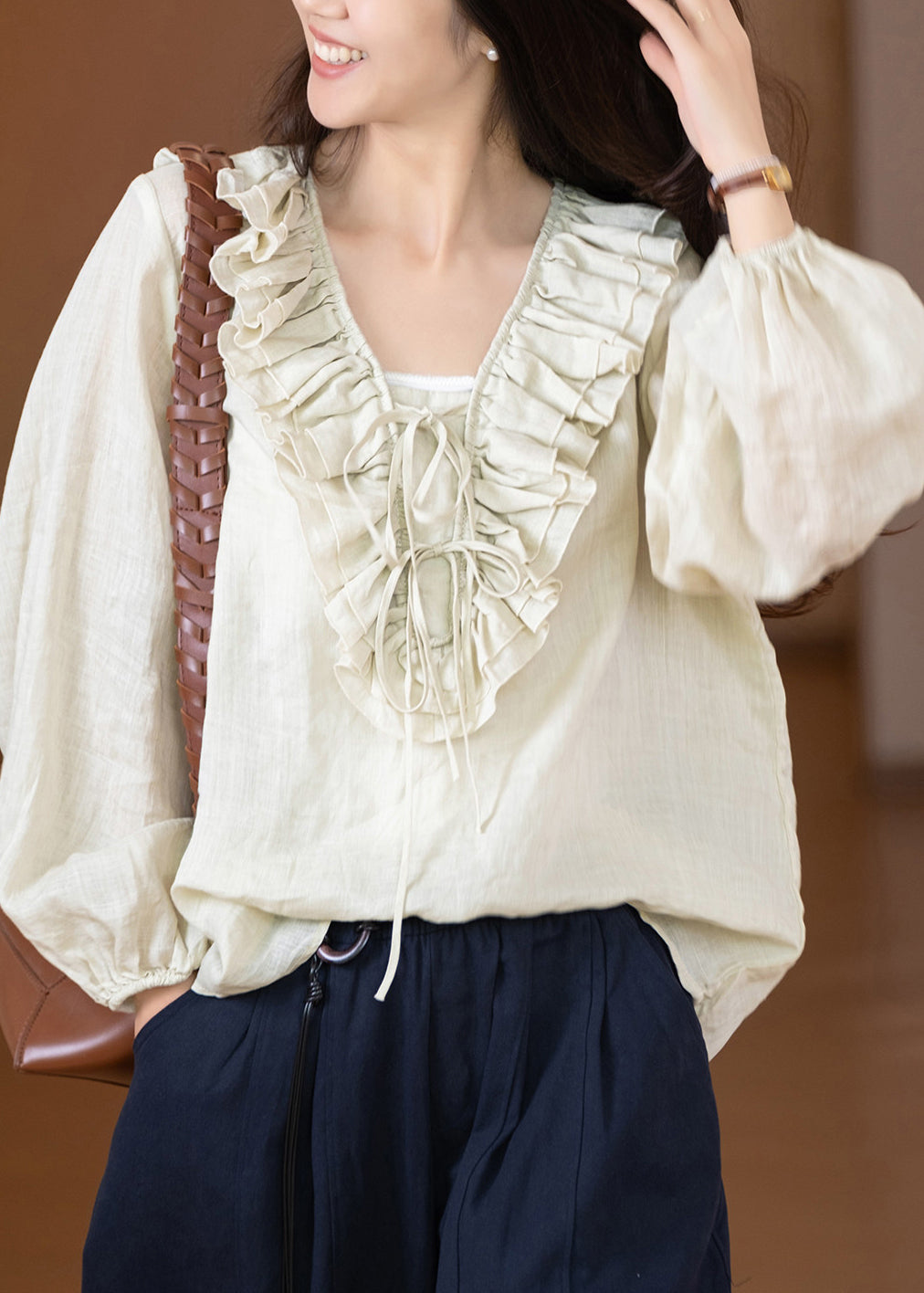 Dame Linskjorte V-hals Patchwork med Volanger Uformell 1
