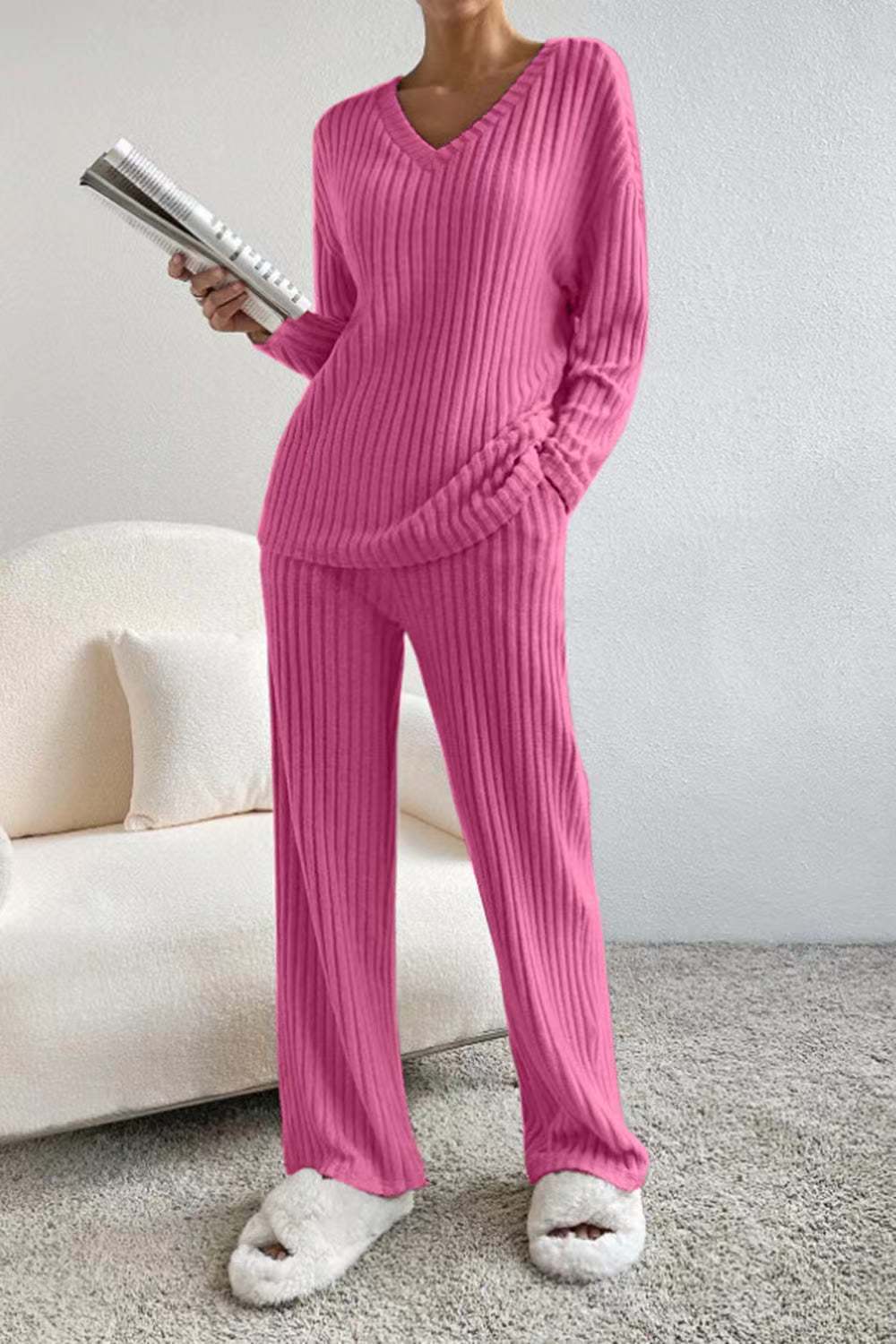Dame Lounge Set Ribbet Strikket Uformell Komfortabelt Materiale 4