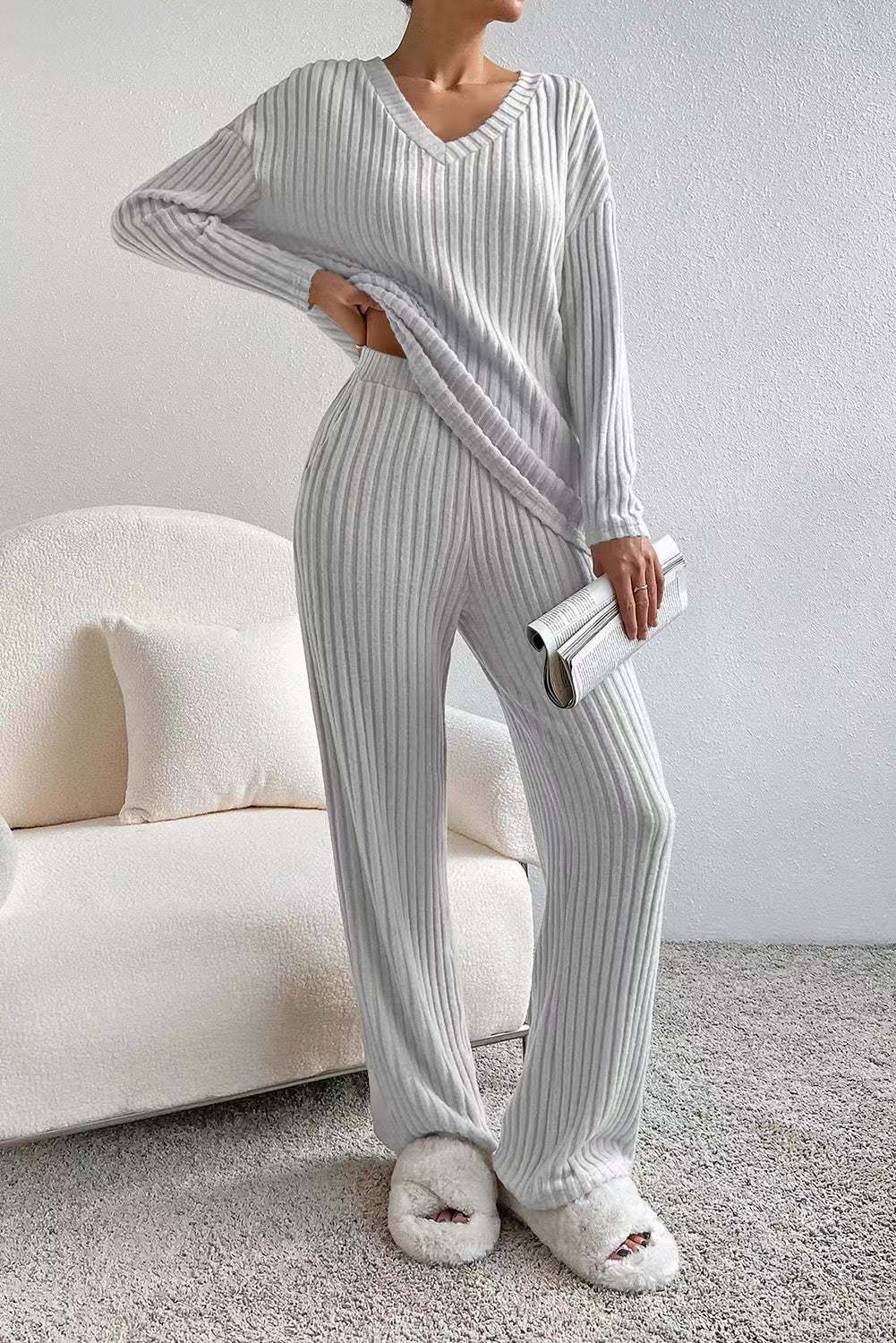 Dame Lounge Set Ribbet Strikket Uformell Komfortabelt Materiale 6
