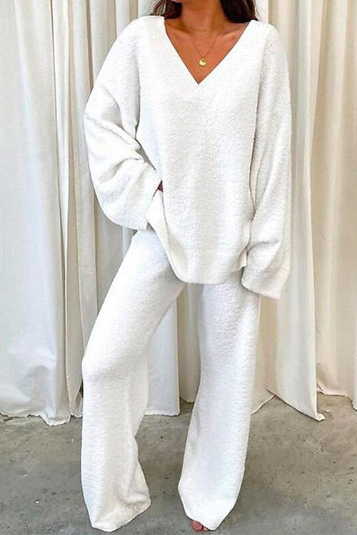 Dame Loungewear-sett med V-hals og rette benbukser 0