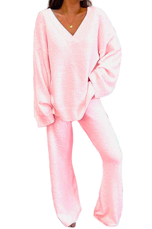Dame Loungewear-sett med V-hals og rette benbukser 2