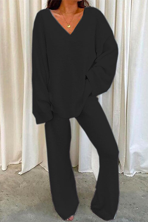 Dame Loungewear-sett med V-hals og rette benbukser 3