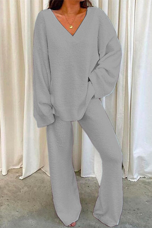 Dame Loungewear-sett med V-hals og rette benbukser 4