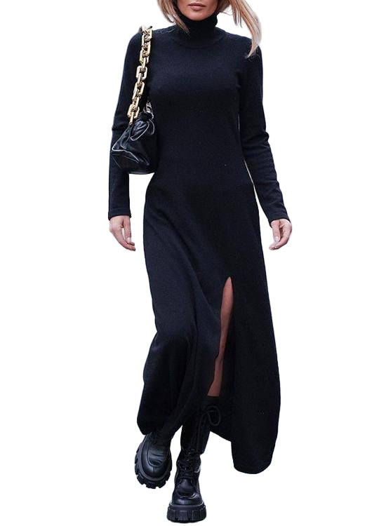 Dame Maxikjole med Høy Splitt og Turtleneck 0
