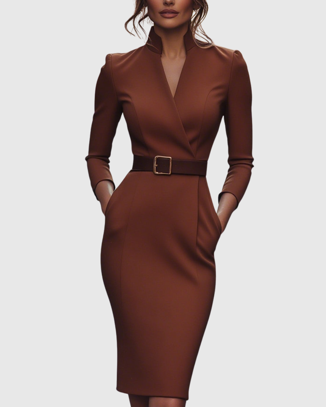 Dame Midi Kjole Med Mock Wrap Hals Elegant Blyantsilhuett 12
